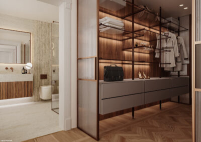 design interni di lusso Via Verdi_cabina armadio e bagno suite